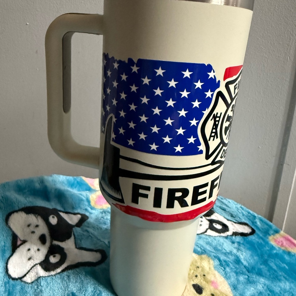 Stanley White Firefighter Travel Mug with Blue and Red Design